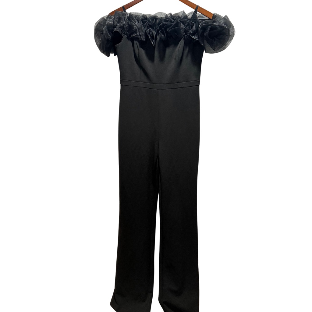 Aidan Mattox Black Off Shoulder Ruffle Tulle Formal Jumpsuit